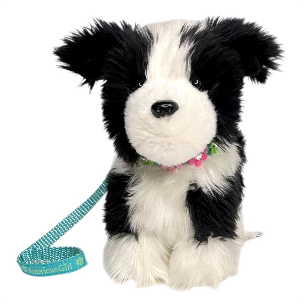 American Girl Sheep Dog Pet Plush Flower Collar Leash Black White Faux Fur Puppy